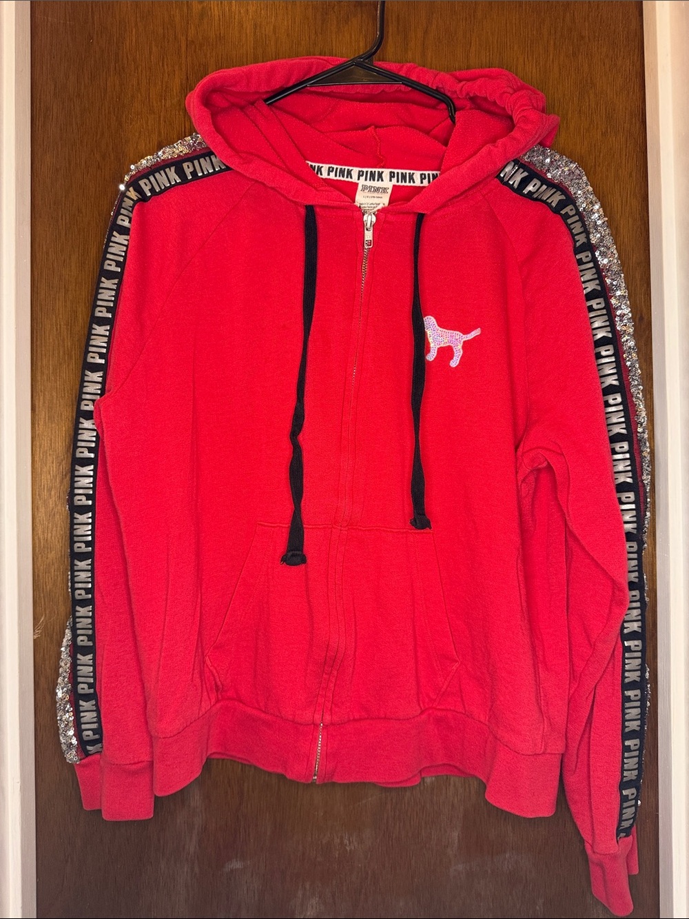 PINK Victoria's Secret Red Zip Hoodie with Black Drawstrings